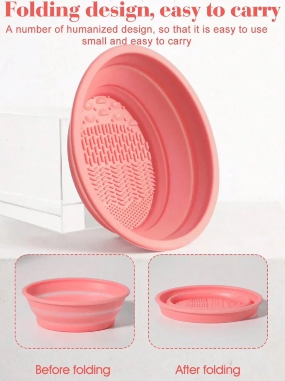 Pink Silicone Oval Makeup Brush Cleaning Pad, Folding Design, Multiple Textures